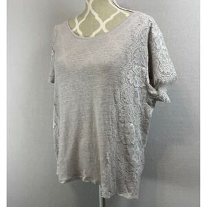 GARNET‎ HILL Linen Top Lace Trim Gray Beige Knit Womens XL  Short Sleeve